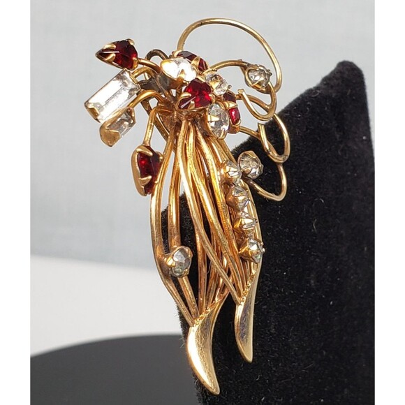 Vintage Red & White Crystal Rhinestone Flower 1/20 10Kt GF Brooch Pendant - Picture 6 of 16